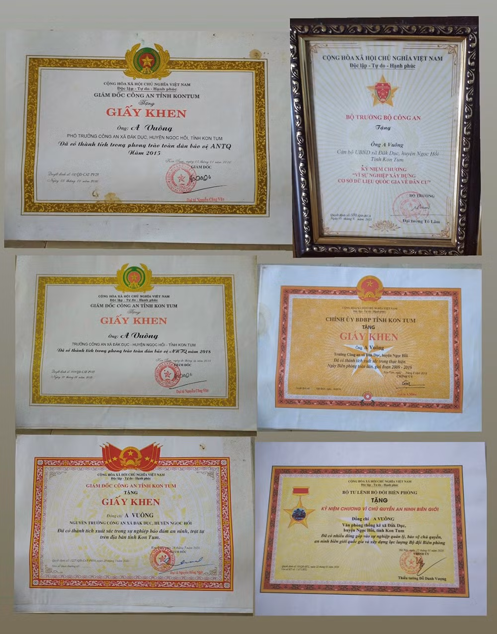 Đồng chí A Vuông nhận được nhiều Giấy khen, Kỷ niệm chương của các cấp, các ngành. Đồng chí A Vuông nhận được nhiều Giấy khen, Kỷ niệm chương của các cấp, các ngành.