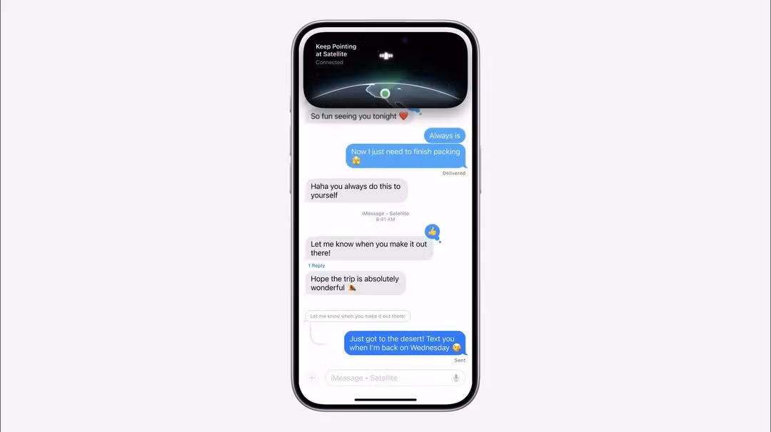 Ảnh chụp màn hình tin nhắn văn bản được gửi qua vệ tinh. Nguồn: Apple Ảnh chụp màn hình tin nhắn văn bản được gửi qua vệ tinh. Nguồn: Apple