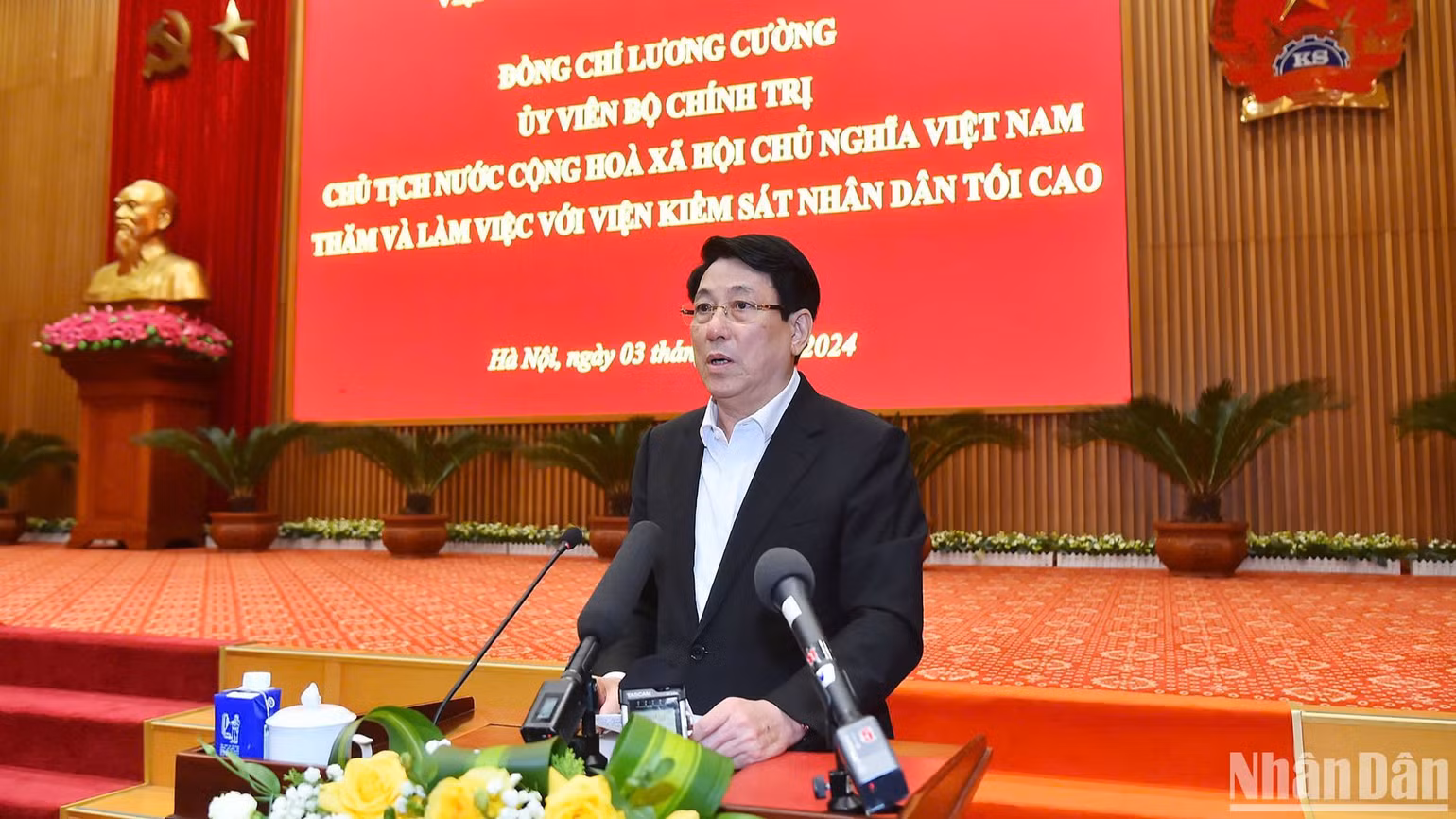 Chủ tịch nước Lương Cường phát biểu ý kiến chỉ đạo tại buổi làm việc.