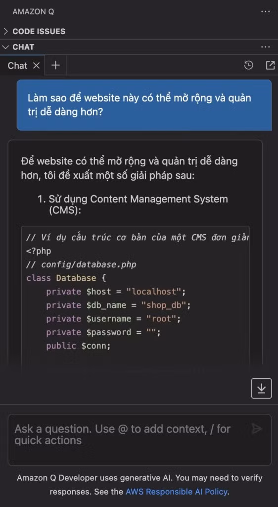 Amazon Q Developer đã hỗ trợ ngôn ngữ tiếng Việt.