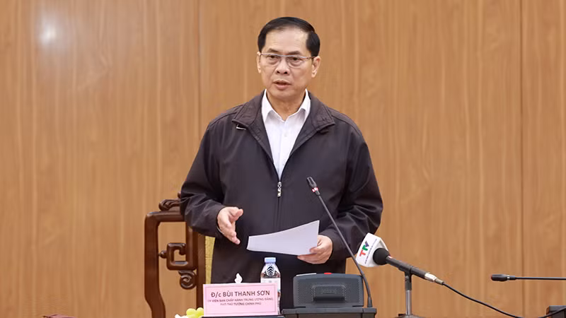 Đồng chí Bùi Thanh Sơn, Ủy viên Trung ương Đảng, Phó Thủ tướng Chính phủ, Bộ trưởng Ngoại giao phát biểu tại buổi làm việc. Đồng chí Bùi Thanh Sơn, Ủy viên Trung ương Đảng, Phó Thủ tướng Chính phủ, Bộ trưởng Ngoại giao phát biểu tại buổi làm việc.