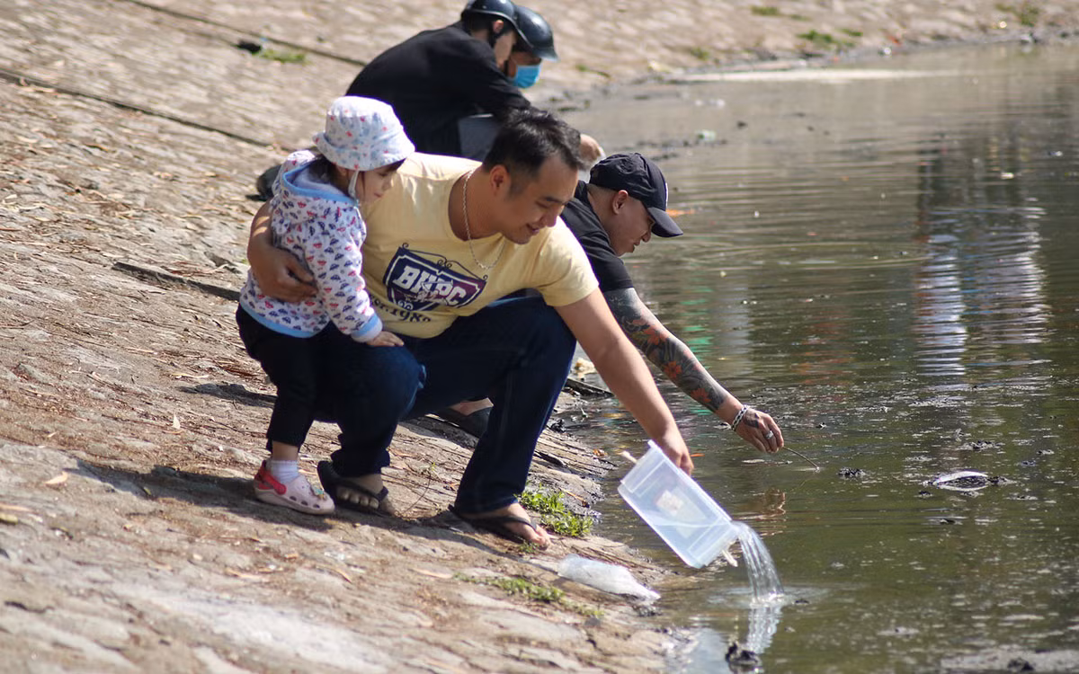 Mang hộp nhựa đi thả cá. (Ảnh: NHẬT QUANG)