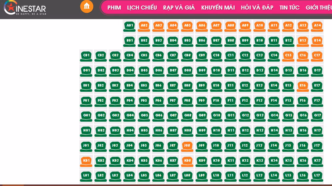 Sơ đồ ghế ngồi của suất chiếu 10 giờ sáng 23/2 tại rạp Cinestar Quốc Thanh đã gần như kín chỗ (ghế đã được mua có màu xanh lá). Sơ đồ ghế ngồi của suất chiếu 10 giờ sáng 23/2 tại rạp Cinestar Quốc Thanh đã gần như kín chỗ (ghế đã được mua có màu xanh lá).