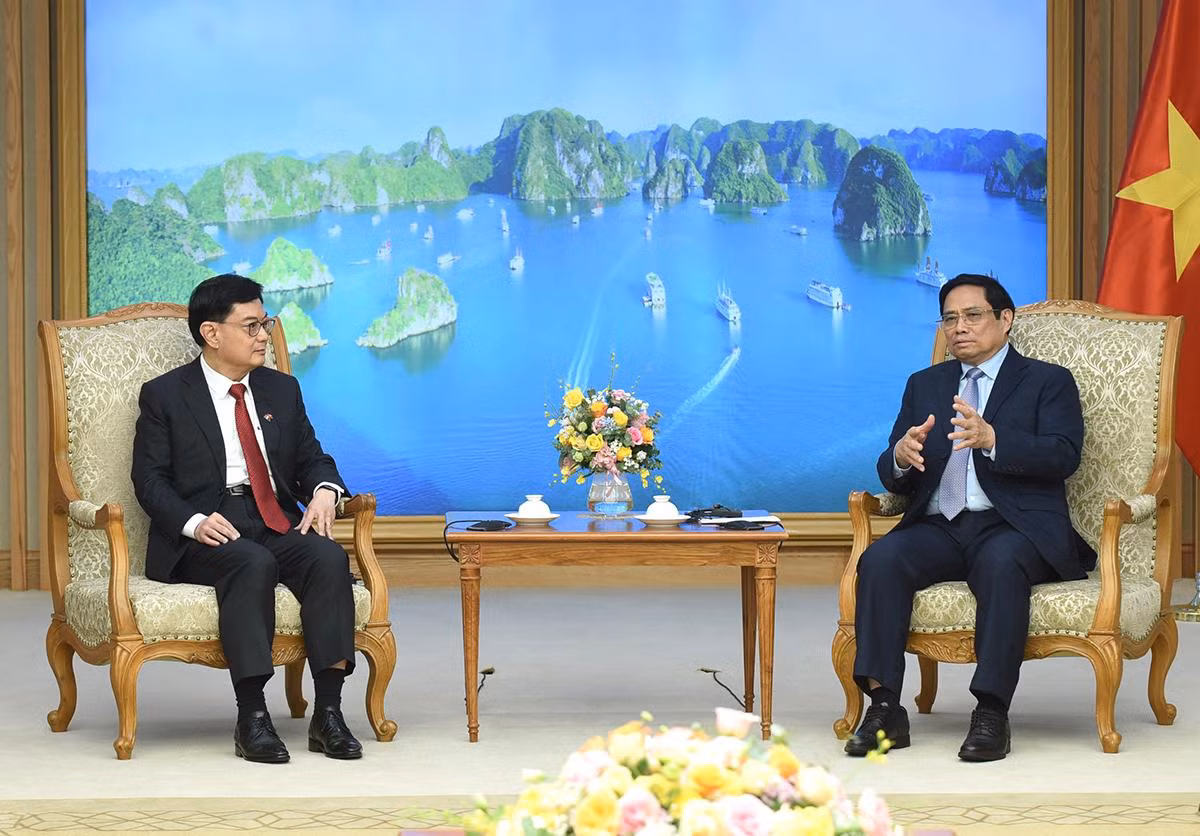 Thủ tướng Phạm Minh Chính và Phó Thủ tướng Singapore Vương Thụy Kiệt tại buổi tiếp. Thủ tướng Phạm Minh Chính và Phó Thủ tướng Singapore Vương Thụy Kiệt tại buổi tiếp.