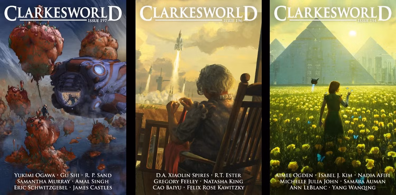 Ba trang bìa tạp chí Clarkesworld. Ba trang bìa tạp chí Clarkesworld.