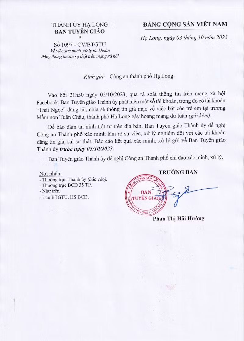 Ban Tuyên giáo Thành ủy Hạ Long đã có công văn gửi Công an thành phố xác minh, làm rõ và xử lý nghiêm theo quy định của pháp luật. Ban Tuyên giáo Thành ủy Hạ Long đã có công văn gửi Công an thành phố xác minh, làm rõ và xử lý nghiêm theo quy định của pháp luật.