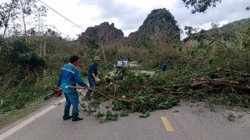 Công nhân Công ty Môi trường đô thị khẩn trương xử lý các cây đổ, bảo đảm giao thông cho người dân và các phương tiện. Công nhân Công ty Môi trường đô thị khẩn trương xử lý các cây đổ, bảo đảm giao thông cho người dân và các phương tiện.