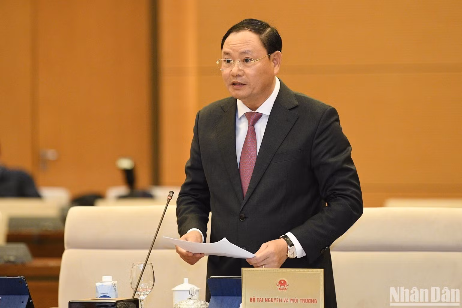 Thứ trưởng Tài nguyên và Môi trường Lê Minh Ngân trình bày Tờ trình của Chính phủ. (Ảnh: DUY LINH)