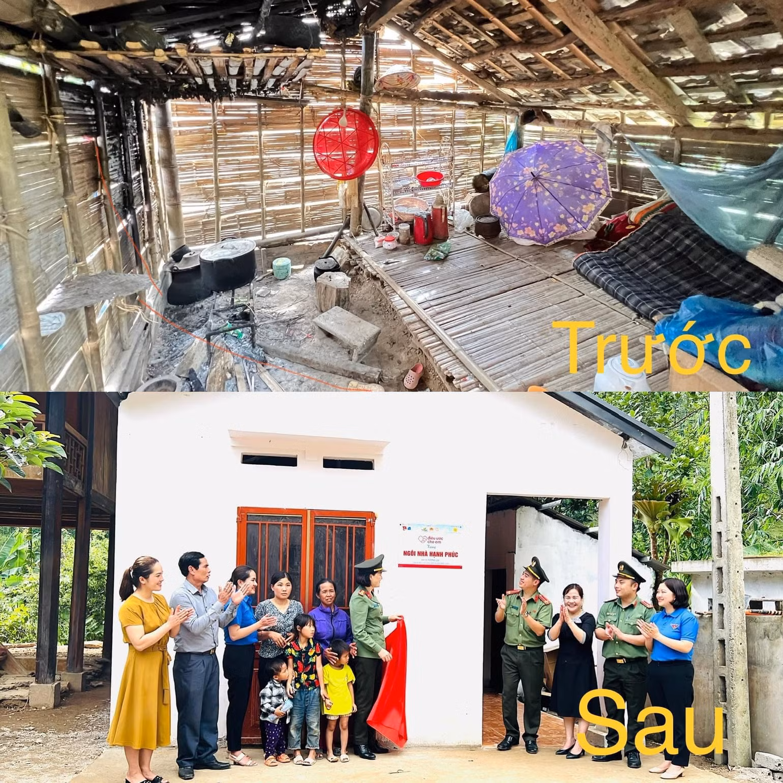 Ngôi nhà của gia đình bé Vì Tương Lai trước và sau khi có sự hỗ trợ từ Dự án "Hạnh phúc cho em". (Ảnh: Công an tỉnh Sơn La) Ngôi nhà của gia đình bé Vì Tương Lai trước và sau khi có sự hỗ trợ từ Dự án "Hạnh phúc cho em". (Ảnh: Công an tỉnh Sơn La)