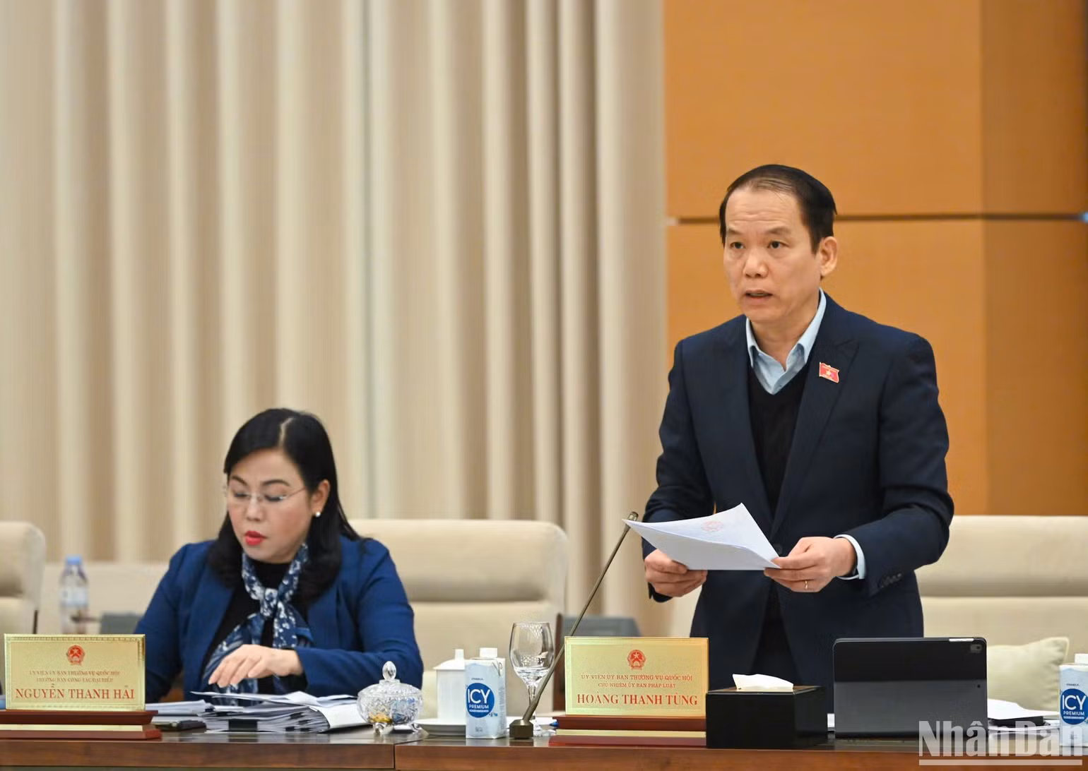 Chủ nhiệm Ủy ban Pháp luật Hoàng Thanh Tùng trình bày báo cáo thẩm tra. (Ảnh: DUY LINH)