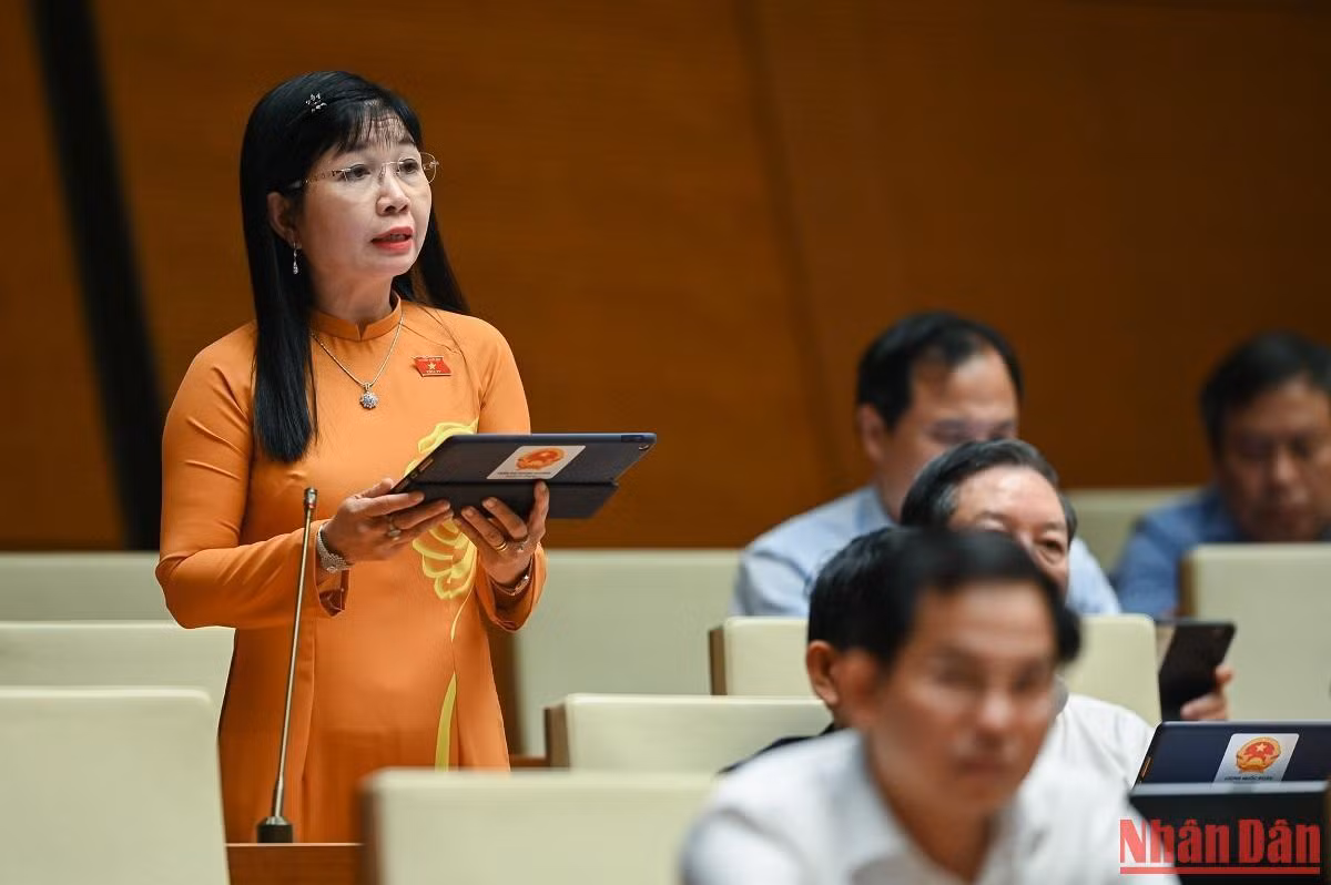 Đại biểu Trần Thị Thanh Hương (đoàn An Giang) tham gia ý kiến thảo luận tại phiên họp. Ảnh: THỦY NGUYÊN