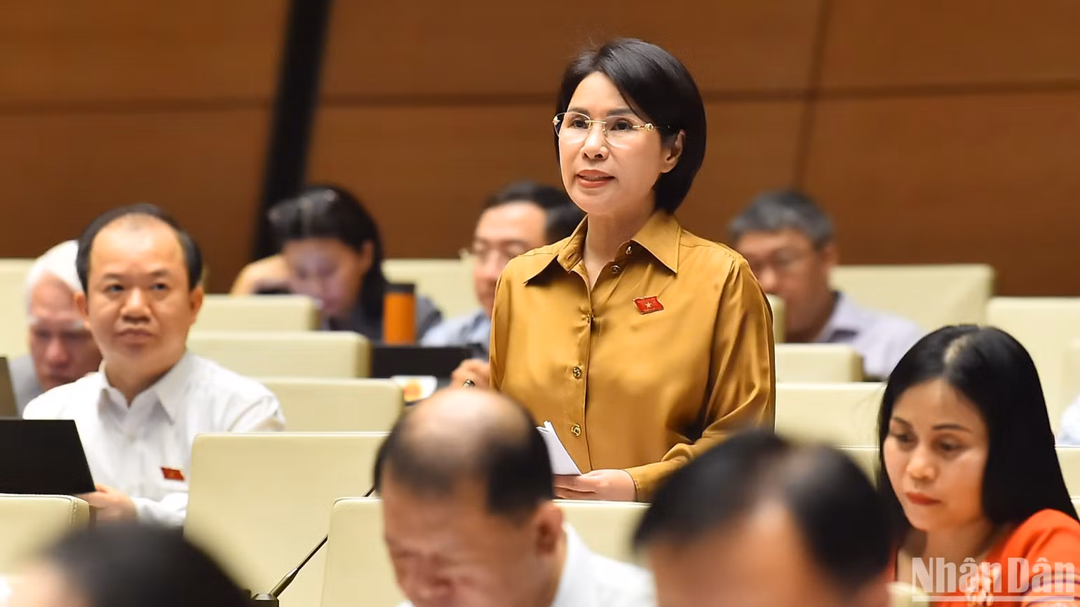 Đại biểu Trần Thị Nhị Hà (đoàn TP Hà Nội) góp ý kiến vào dự thảo Luật. (Ảnh: THỦY NGUYÊN)