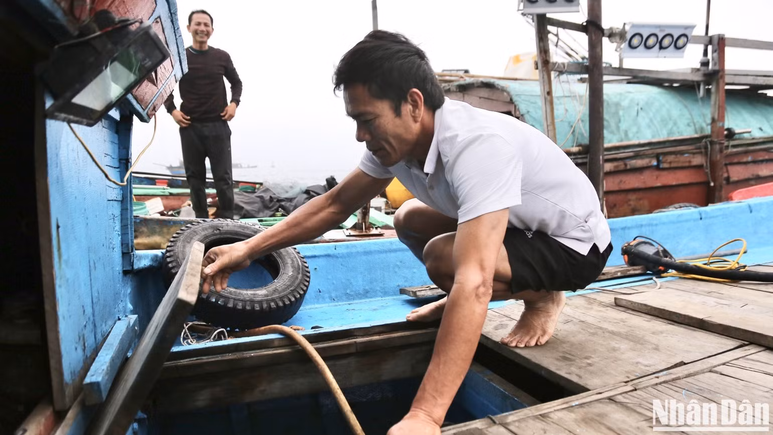 Mỗi sáng, người kinh doanh mực sẽ đi thuyền ra khu vực tập kết để tìm mối hàng. Ông Chu Văn Hộ (59 tuổi) dừng lại bên cạnh chiếc thuyền có công suất máy 150CV vừa trở về sau chuyến đi câu đêm. Trước khi chuyển mực từ thuyền câu vào khoang thuyền nhà, ông Hộ kiểm tra lại khoang thuyền chắc chắn khoang đã sạch.