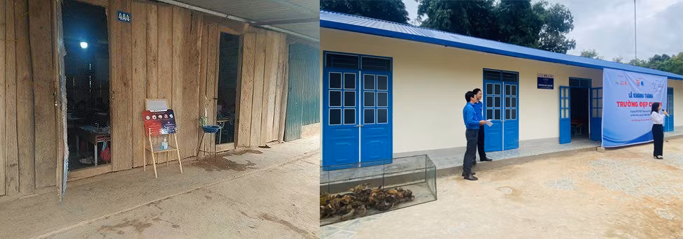 Trường Phổ thông dân tộc bán trú Tiểu học Phì Nhừ trước và sau khi khánh thành công trình "Trường đẹp cho em".