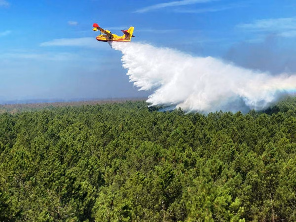 1 chiếc máy bay ném bom nước thuộc dòng Canadair đang thả nước xuống khu rừng gần Saumos ở vùng Gironde, tây nam nước Pháp. (Ảnh: REUTERS)