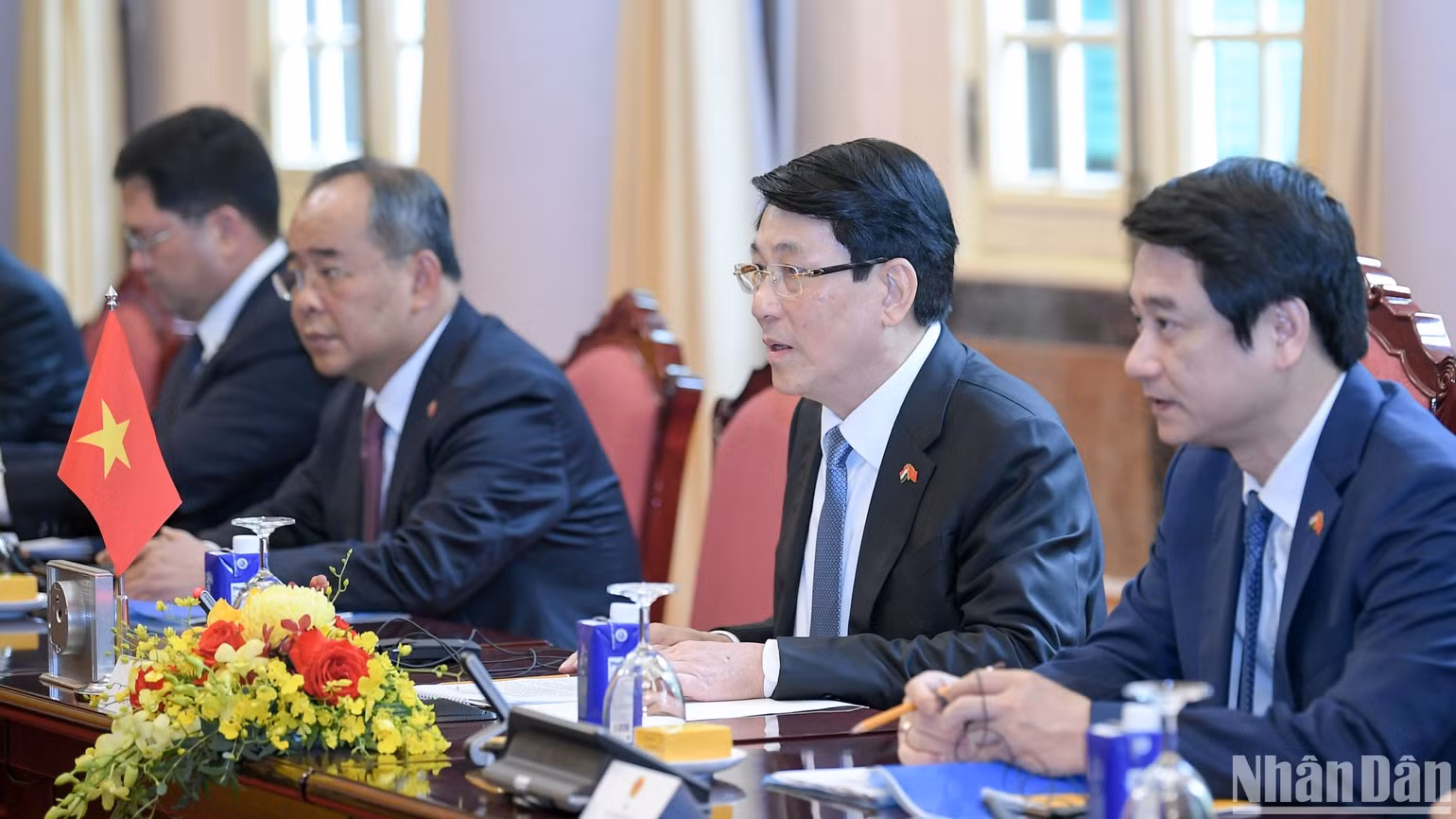 Chủ tịch nước Lương Cường phát biểu tại hội đàm. Chủ tịch nước Lương Cường phát biểu tại hội đàm.