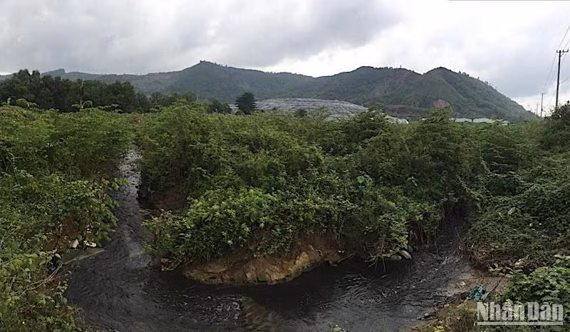 Dòng nước ô nhiễm chảy ra tự nhiên gây ô nhiễm, phía trên là bãi rác lớn nhất Đà Nẵng. (Ảnh: ANH ĐÀO) Dòng nước ô nhiễm chảy ra tự nhiên gây ô nhiễm, phía trên là bãi rác lớn nhất Đà Nẵng. (Ảnh: ANH ĐÀO)