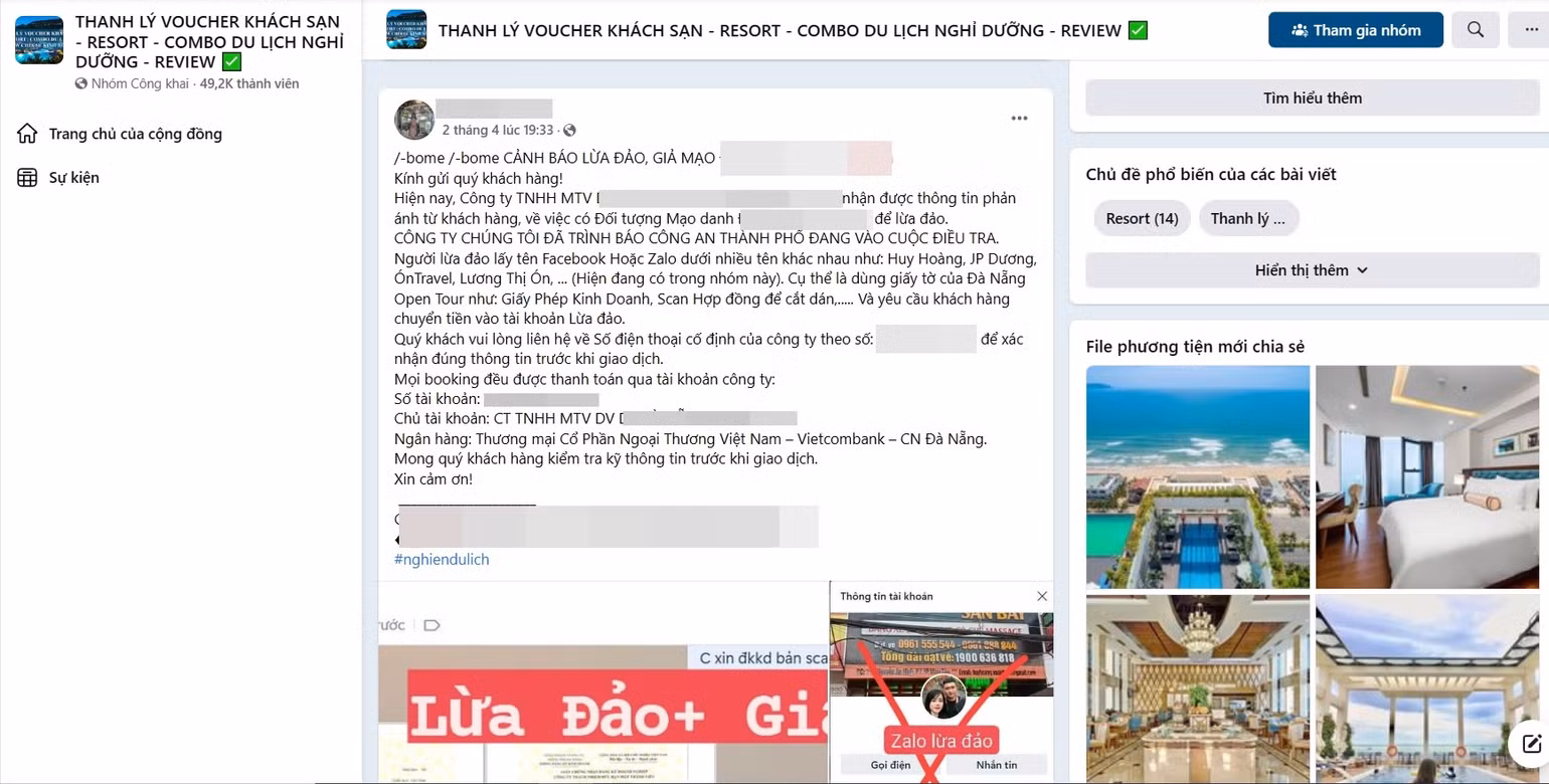 Khuyến cáo của một công ty du lịch bị đối tượng Trang giả mạo để lừa đảo khách hàng. (Ảnh Công an cung cấp) Khuyến cáo của một công ty du lịch bị đối tượng Trang giả mạo để lừa đảo khách hàng. (Ảnh Công an cung cấp)