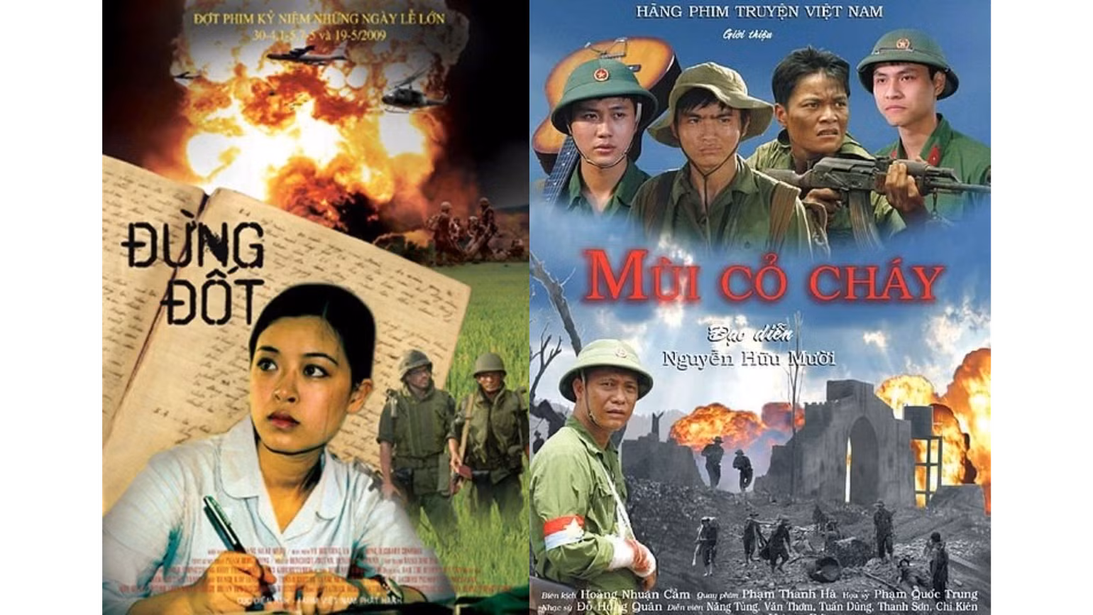 "Đừng đốt" và "Mùi cỏ cháy" là những phim về đề tài lịch sử được Trung tâm chiếu phim quốc gia lựa chọn chiếu phục vụ khán giả miễn phí trong dịp nghỉ lễ 30/4, 1/5. "Đừng đốt" và "Mùi cỏ cháy" là những phim về đề tài lịch sử được Trung tâm chiếu phim quốc gia lựa chọn chiếu phục vụ khán giả miễn phí trong dịp nghỉ lễ 30/4, 1/5.