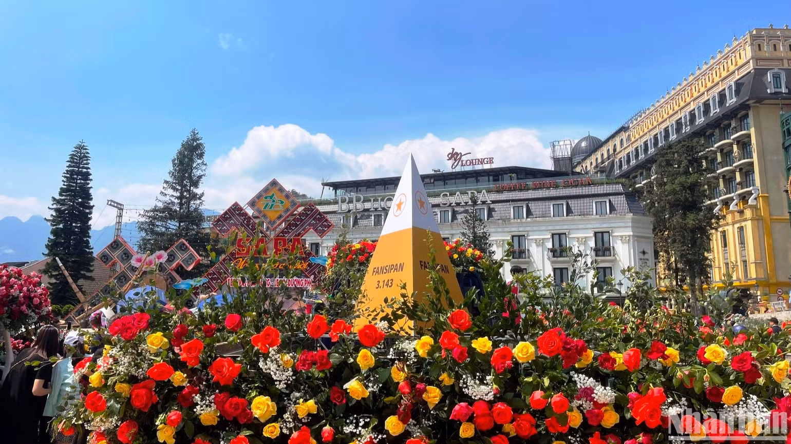 Hoa hồng kết quanh biểu tượng đỉnh Fansipan là điểm check-in được du khách ưa thích. (Ảnh: QUỐC HỒNG)