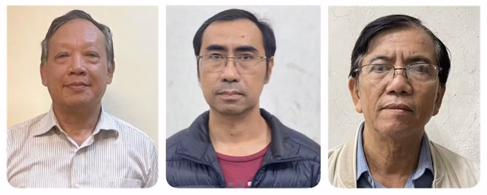 Các bị can (từ trái qua phải): Dương Hoa Xô; Nguyễn Đăng Quân; Nguyễn Viết Thạch. Các bị can (từ trái qua phải): Dương Hoa Xô; Nguyễn Đăng Quân; Nguyễn Viết Thạch.