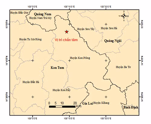 Vị trí tâm chấn trận động đất tại Kon Tum sáng 9/2. (Ảnh: Viện Vật lý địa cầu)