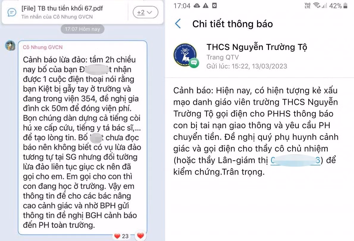 Thông tin về các cuộc gọi lừa đảo và cảnh báo của nhà trường. (Ảnh chụp màn hình) Thông tin về các cuộc gọi lừa đảo và cảnh báo của nhà trường. (Ảnh chụp màn hình)
