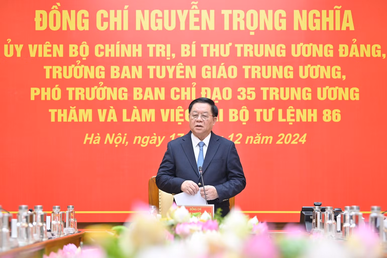 Đồng chí Nguyễn Trọng Nghĩa, Ủy viên Bộ Chính trị, Bí thư Trung ương Đảng, Trưởng Ban Tuyên giáo Trung ương phát biểu tại buổi làm việc. (Ảnh: THẾ ĐẠI)