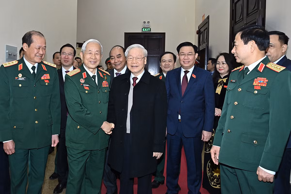 Tổng Bí thư Nguyễn Phú Trọng, các đồng chí lãnh đạo Đảng, Nhà nước và các đại biểu dự đại hội. (Ảnh: ĐĂNG KHOA)