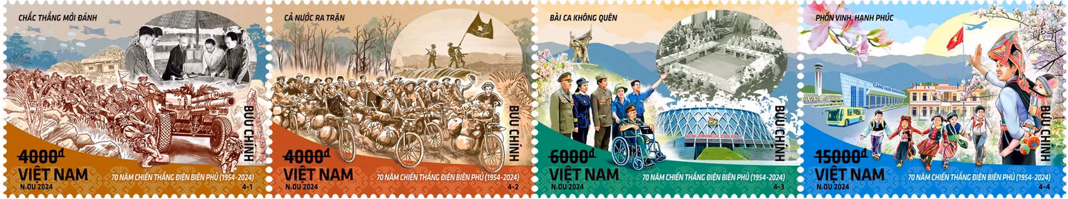 Bối cảnh xuyên suốt cả bộ tem là cảnh lòng chảo Điện Biên Phủ từ quá khứ hào hùng đến đổi mới và phát triển. Ảnh: VNP Bối cảnh xuyên suốt cả bộ tem là cảnh lòng chảo Điện Biên Phủ từ quá khứ hào hùng đến đổi mới và phát triển. Ảnh: VNP