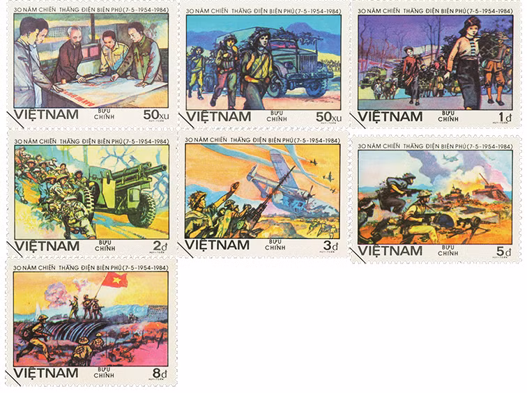 Bộ tem kỷ niệm 30 năm Chiến thắng Điện Biên Phủ được phát hành vào ngày 7/5/1984, gồm 7 mẫu tem, từ 1485 đến 1491, tái hiện những hình ảnh tiêu biểu của quân và dân ta chiến đấu và giành chiến thắng trong trận Điện Biên Phủ.