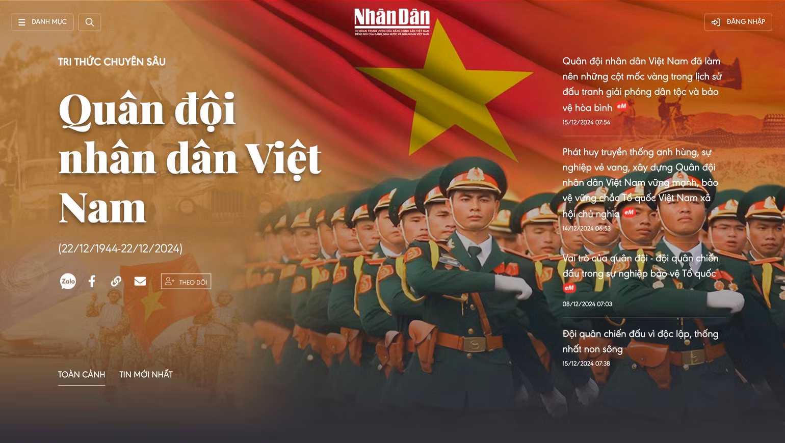Giao diện chuyên trang Quân đội nhân dân Việt Nam trên Báo Nhân Dân điện tử.