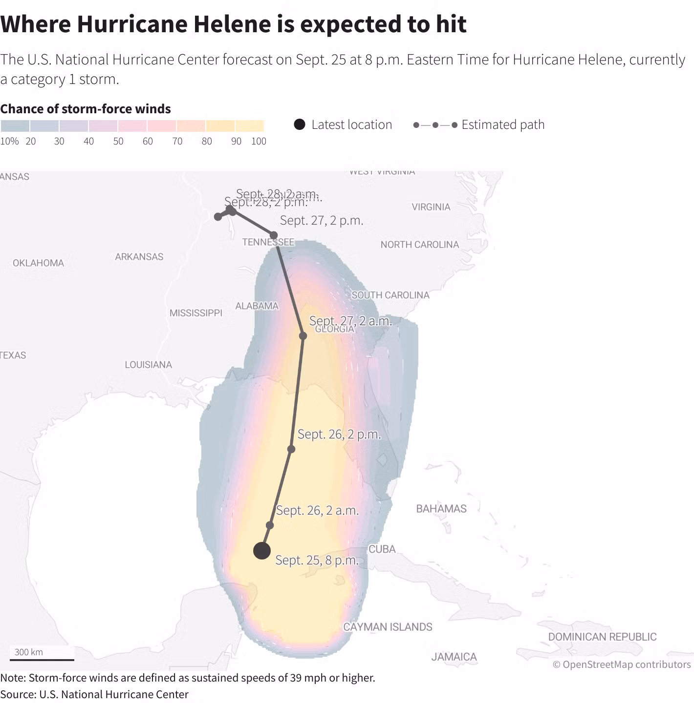Dự kiến đường đi của bão Helene. (Ảnh: Reuters) Dự kiến đường đi của bão Helene. (Ảnh: Reuters)