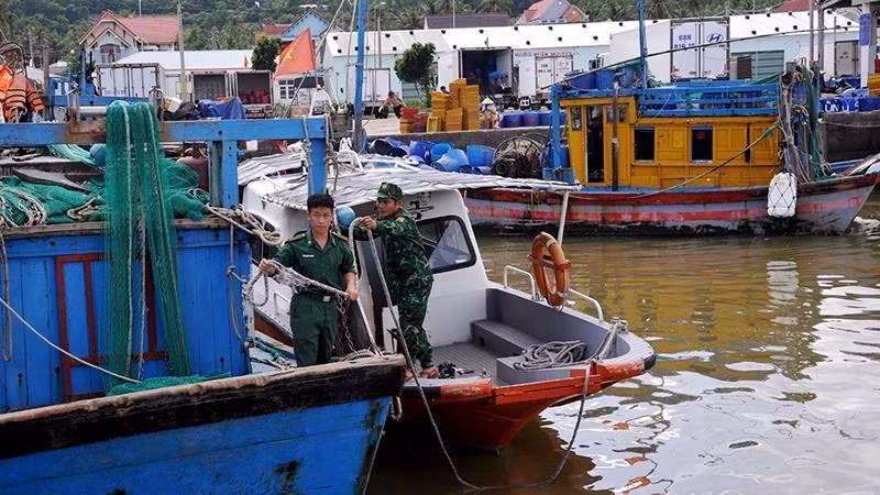 Lực lượng Đồn biên phòng Xuân Đài triển khai công tác hướng dẫn ngư dân đưa tàu thuyền đến nơi tránh trú an toàn. (Ảnh: ANH NGỌC)