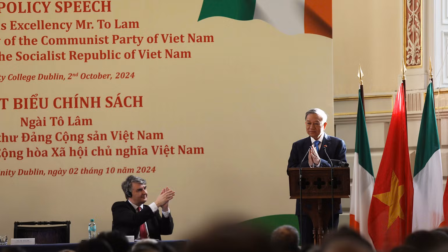 Tổng Bí thư, Chủ tịch nước Tô Lâm phát biểu chính sách tại Trường đại học Trinity Dublin, Ireland. (Ảnh: NGUYỄN HỒNG)