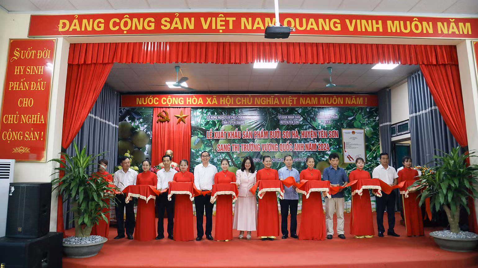 Các đại biểu cắt băng xuất khẩu sản phẩm quả bưởi Soi Hà. Các đại biểu cắt băng xuất khẩu sản phẩm quả bưởi Soi Hà.