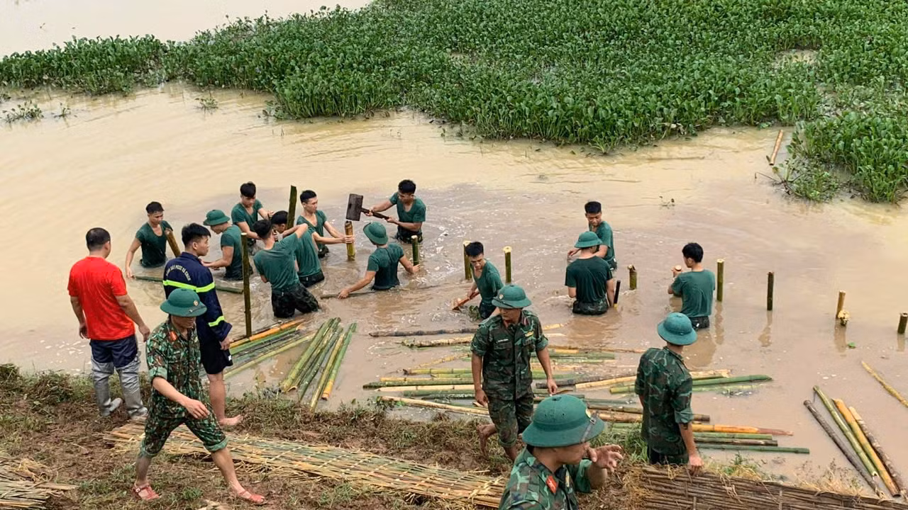 Hơn 200 người thuộc các lực lượng đã tham gia công tác chống sạt lở mái đê.