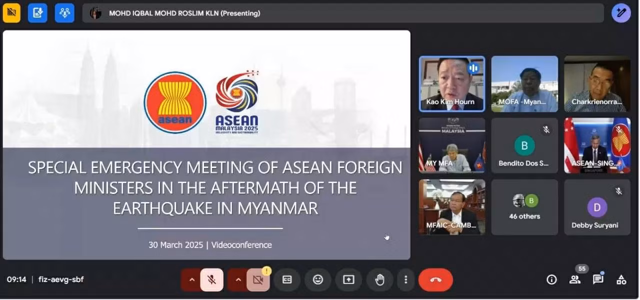 Sáng 30/3, các Bộ trưởng Ngoại giao ASEAN đã có cuộc họp khẩn theo hình thức trực tuyến bàn về công tác khắc phục hậu quả trận động đất xảy ra ngày 28/3 tại Myanmar và Thái Lan. (Nguồn: asean.org)