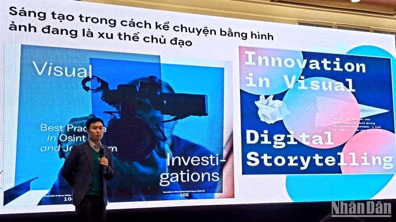 Ông Nguyễn Hoàng Nhật, Phó Tổng Biên tập Báo điện tử VietnamPlus (TTXVN) chia sẻ về chủ đề Kỹ năng ứng dụng công nghệ số vào sản xuất tin, bài trên báo chí. Ông Nguyễn Hoàng Nhật, Phó Tổng Biên tập Báo điện tử VietnamPlus (TTXVN) chia sẻ về chủ đề Kỹ năng ứng dụng công nghệ số vào sản xuất tin, bài trên báo chí.