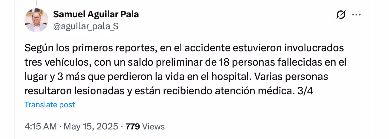 Bài đăng trên mạng xã hội X của Bộ trưởng Nội vụ bang Puebla Samuel Aguilar. (Ảnh chụp màn hình) Bài đăng trên mạng xã hội X của Bộ trưởng Nội vụ bang Puebla Samuel Aguilar. (Ảnh chụp màn hình)
