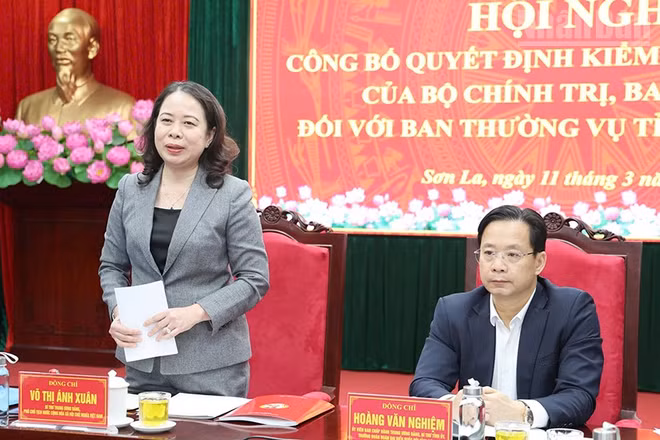 Đồng chí Võ Thị Ánh Xuân, Bí thư Trung ương Đảng, Phó Chủ tịch nước, Trưởng Đoàn Kiểm tra, giám sát số 29 phát biểu tại hội nghị.