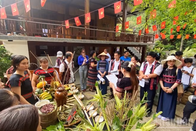 Một số du khách cùng chủ homestay cùng thực hiện mâm cơm đồng bào để dự thi trong kỳ nghỉ ở làng du lịch thác A Nôr, A Lưới 1.