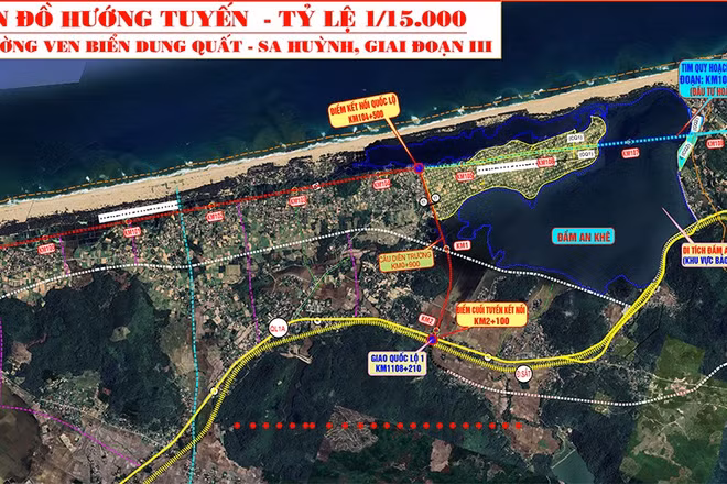 Bản đồ hướng tuyến dự án đường ven biển Dung Quất-Sa Huỳnh giai đoạn III không đi qua đầm An Khê để bảo vệ di sản.