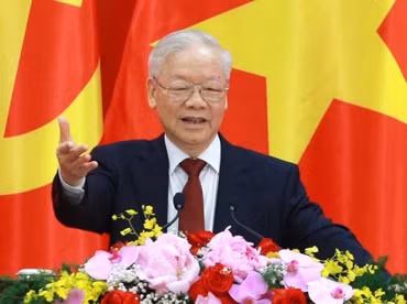 Tổng Bí thư Nguyễn Phú Trọng phát biểu tại buổi gặp gỡ nhân sĩ hữu nghị và thế hệ trẻ Việt Nam-Trung Quốc (12/2023). (Ảnh: Phương Hoa/TTXVN)