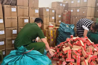 Cơ quan chức năng kiểm tra kho hàng của Công ty TNHH Hải Bé. (Ảnh: Công an Ninh Bình cung cấp)