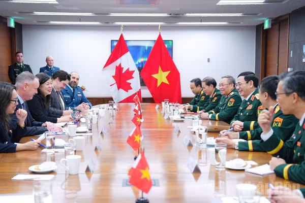 Bộ trưởng Quốc phòng Canada David McGuinty và Đại tướng Phan Văn Giang tại hội đàm. (Ảnh: THU TRANG)