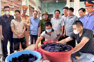 Đối tượng Nguyễn Xuân Huyên (thứ 2 từ trái sang, hàng đứng) và số ma túy bị lực lượng chức năng bắt giữ (Ảnh: Công an Quảng Bình)