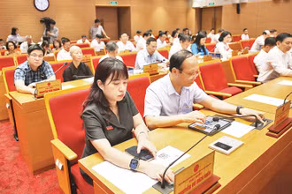 Đại biểu Hội đồng nhân dân thành phố Hà Nội biểu quyết thông qua Đề án sắp xếp đơn vị hành chính cấp huyện, cấp xã thành phố Hà Nội giai đoạn 2023-2025. (Ảnh THÀNH NGUYỄN)