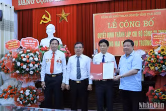 Lãnh đạo Đảng ủy Khối Doanh nghiệp tỉnh Thái Bình trao quyết định thành lập Chi bộ Công ty Trách nhiệm hữu hạn Thương mại và Dịch vụ Trường Hưng.