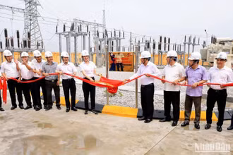 Các đại biểu thực hiện nghi thức gắn biển công trình.